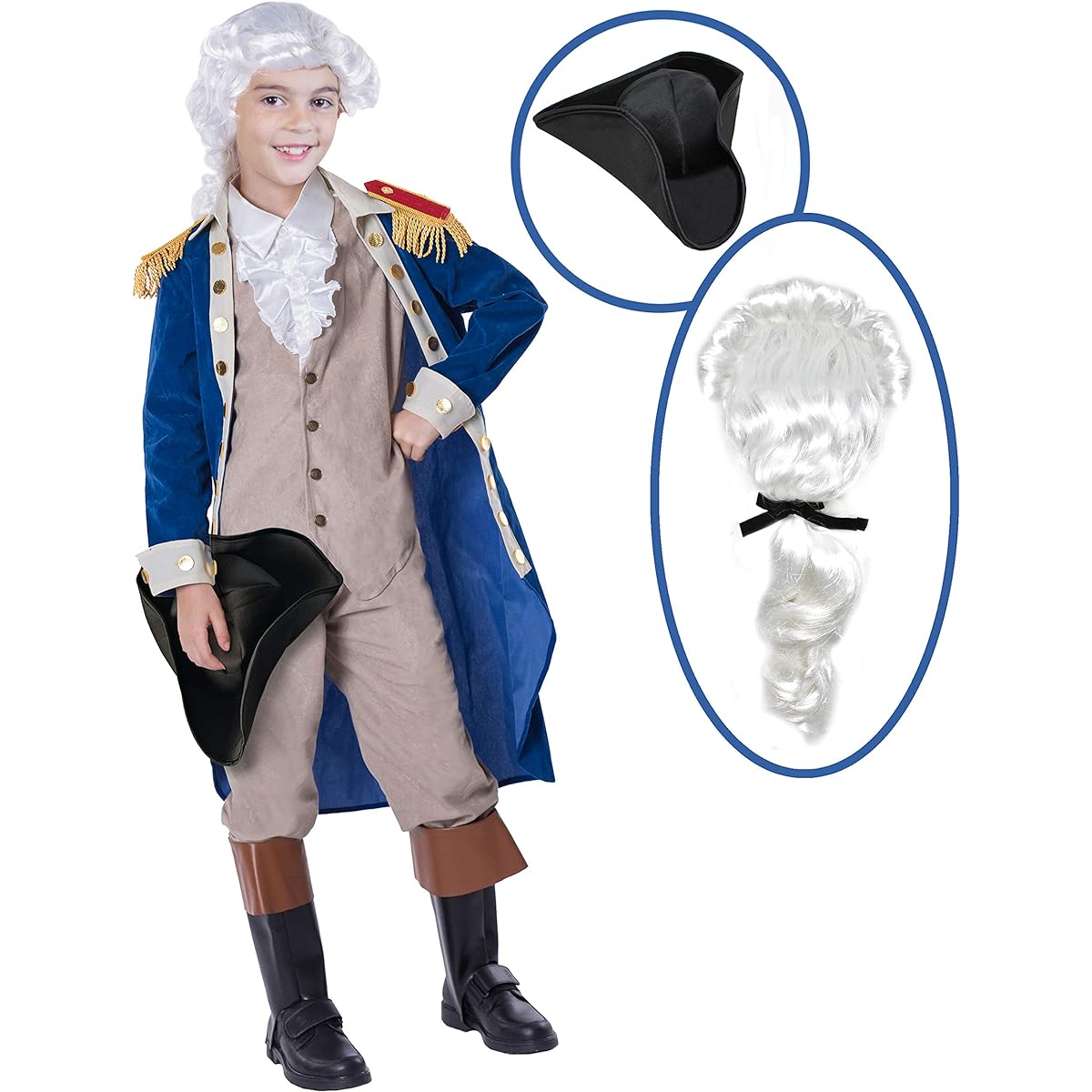 Spooktacular Creations George Washington Colonial Boys Costume Set with Wig and Hat for Halloween Dress Up Party