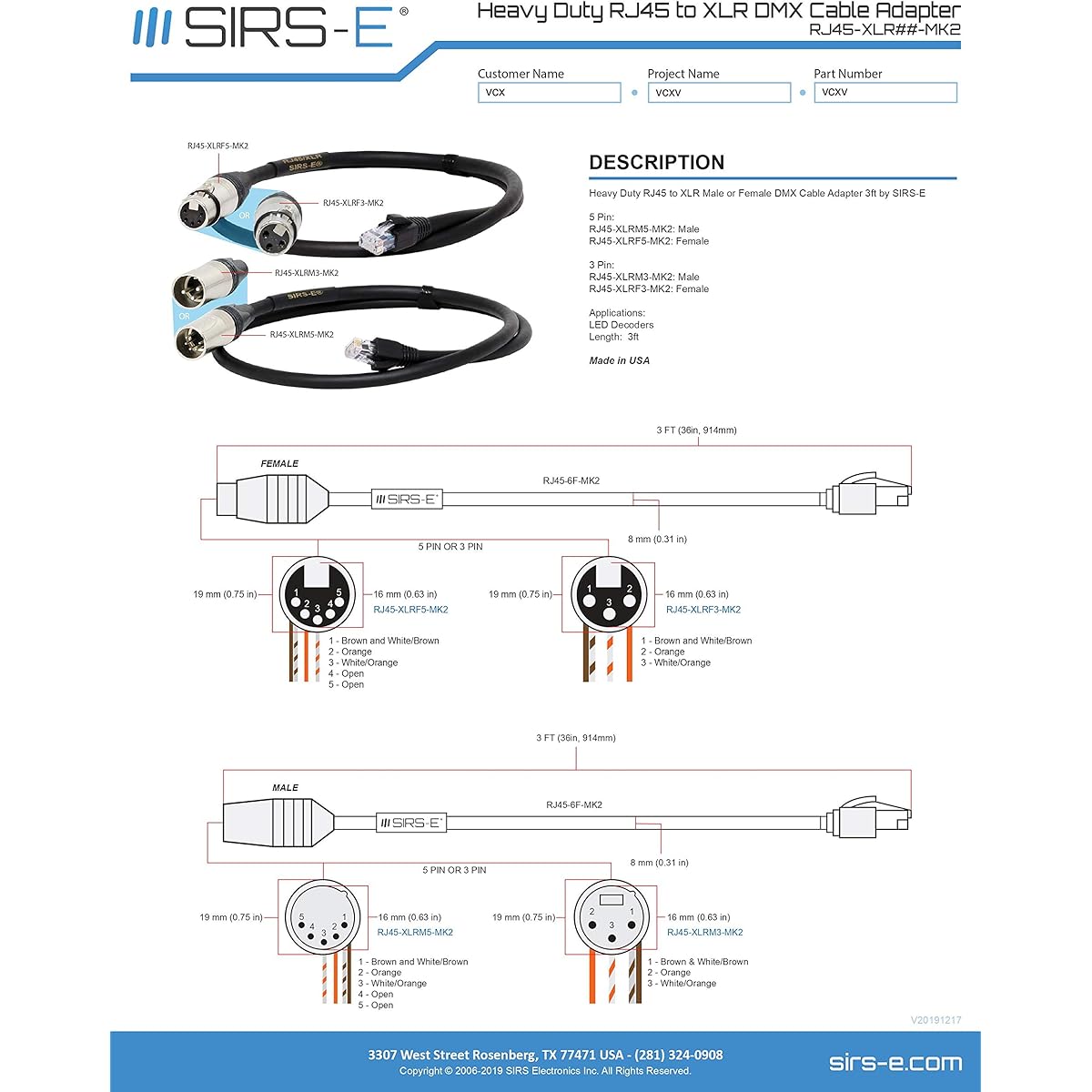 SIRS-E DMX XLR 3 Pin Male to RJ45 Male 3ft Cable Adapter LED Lighting for DMX512 Decoder