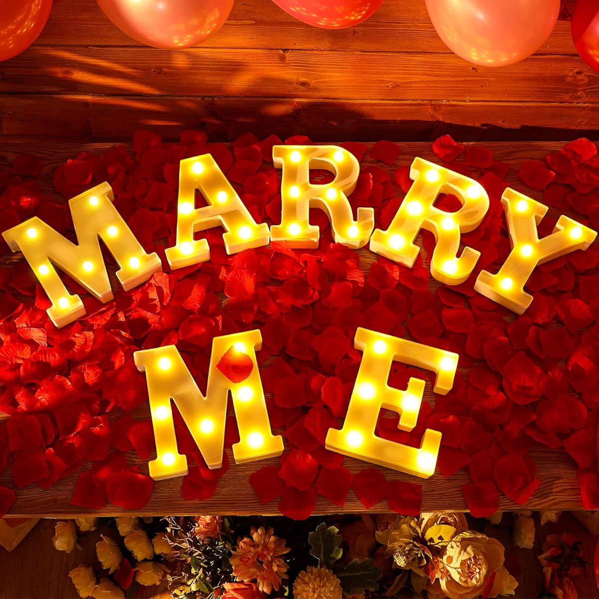 Marry Me Light Up Letter Proposal Decoration Set, 7 Pieces LED Marry Me Sign, Marry Me Letters, Romantic Night Light, 1000 Red Rose Petals, Proposal Engagement Wedding Party Decor