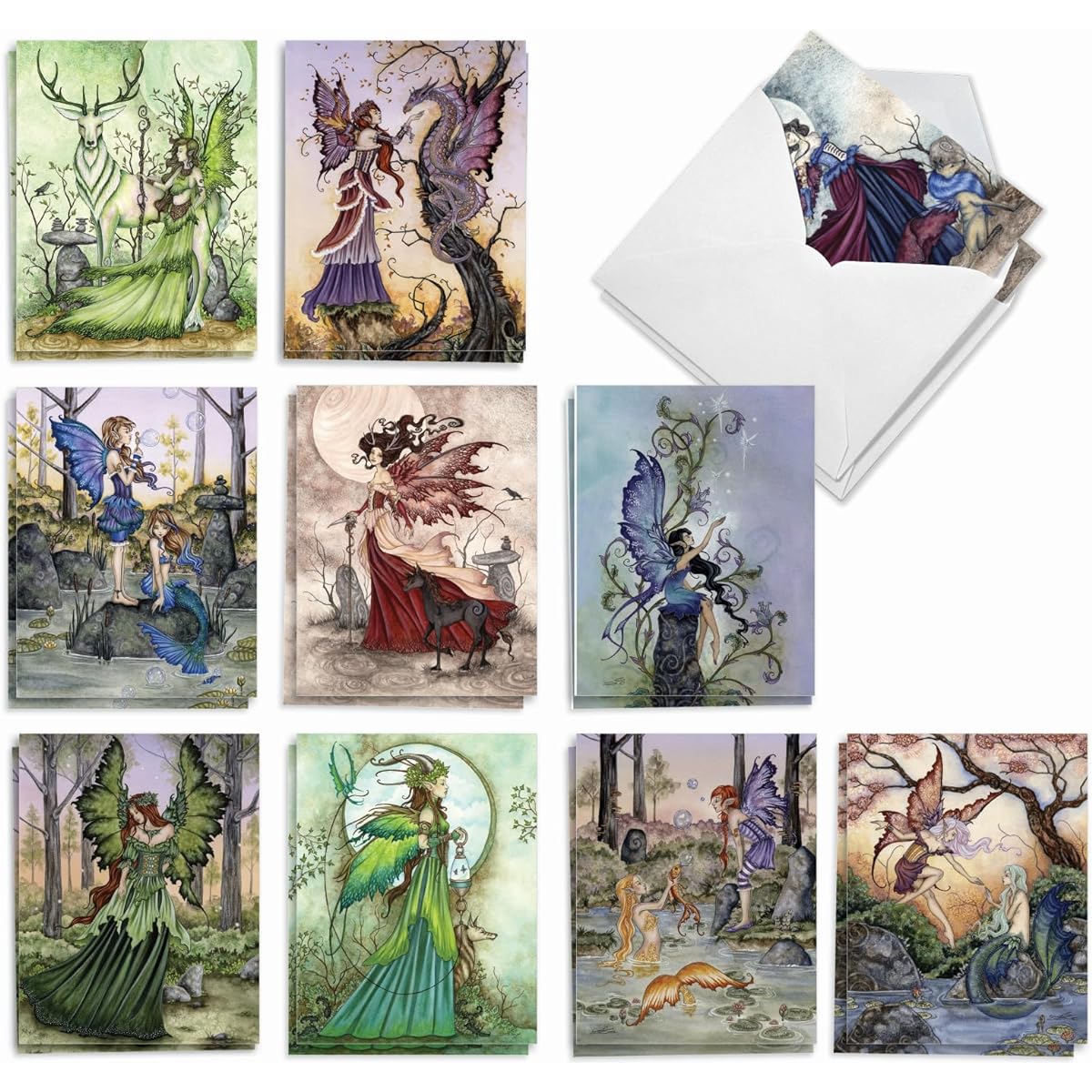 The Best Card Company - 20 Cute Kids Cards Boxed (4 x 5.12 inches) - Assorted Blank Set (10 Designs, 2 of Each) - Fantastic Faeries AM3367OCB-B2x10
