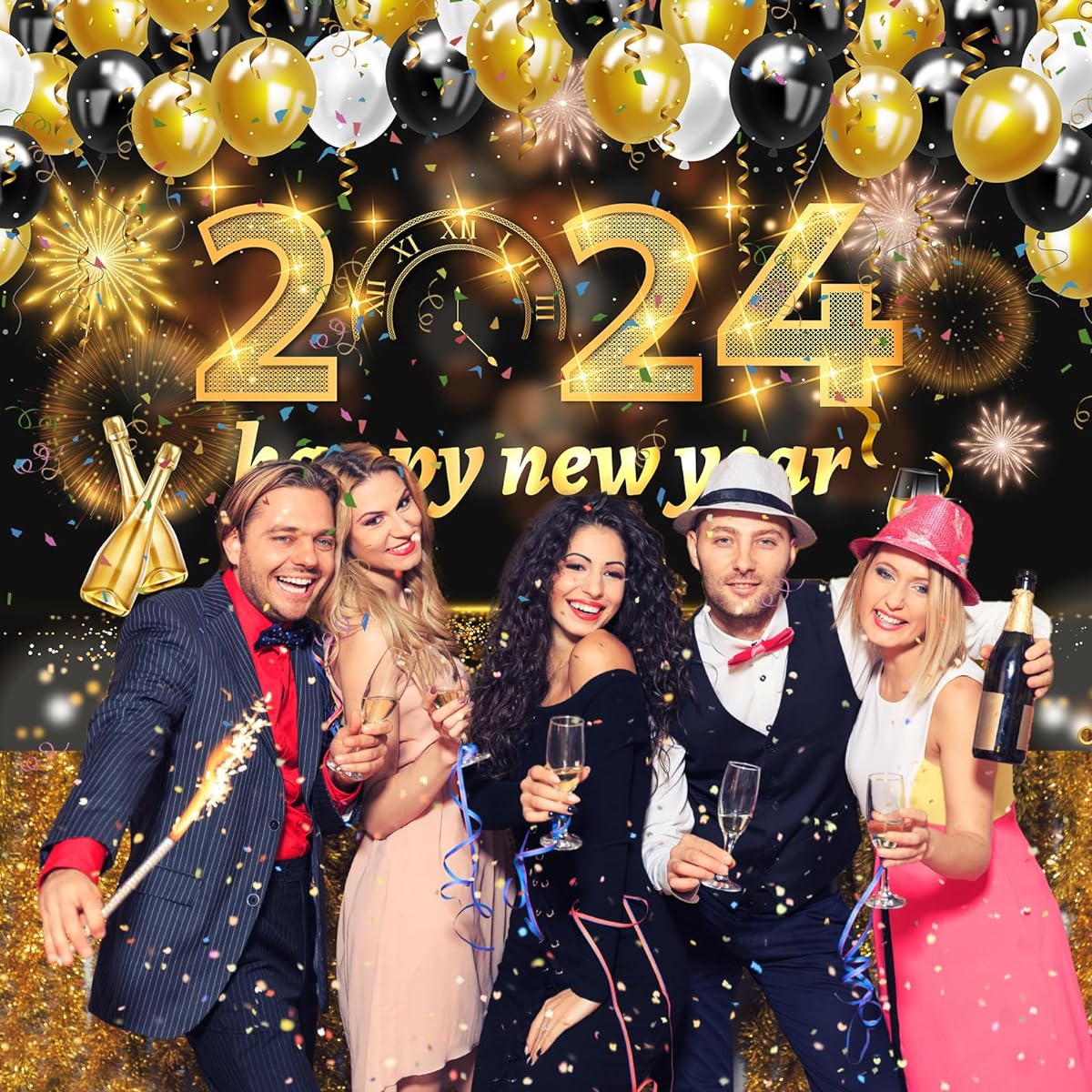 POILKMNI Extra Large 2024 Happy New Year Banner - 6x4ft New Year Banner Happy New Years Decorations 2024 2024 New Year Photo Background Black New Year's Eve Banner New Year's Eve Party Supplies
