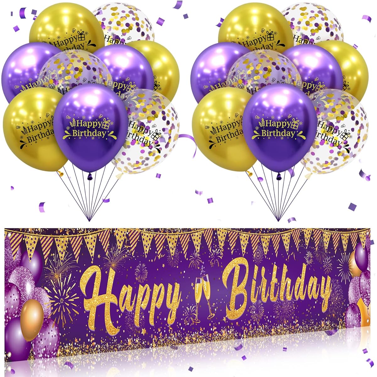 Purple Happy Birthday Decoration Banner for Women Girls Birthday Balloons 18 Pieces (Happy Birthday Banner + 18 Balloons)