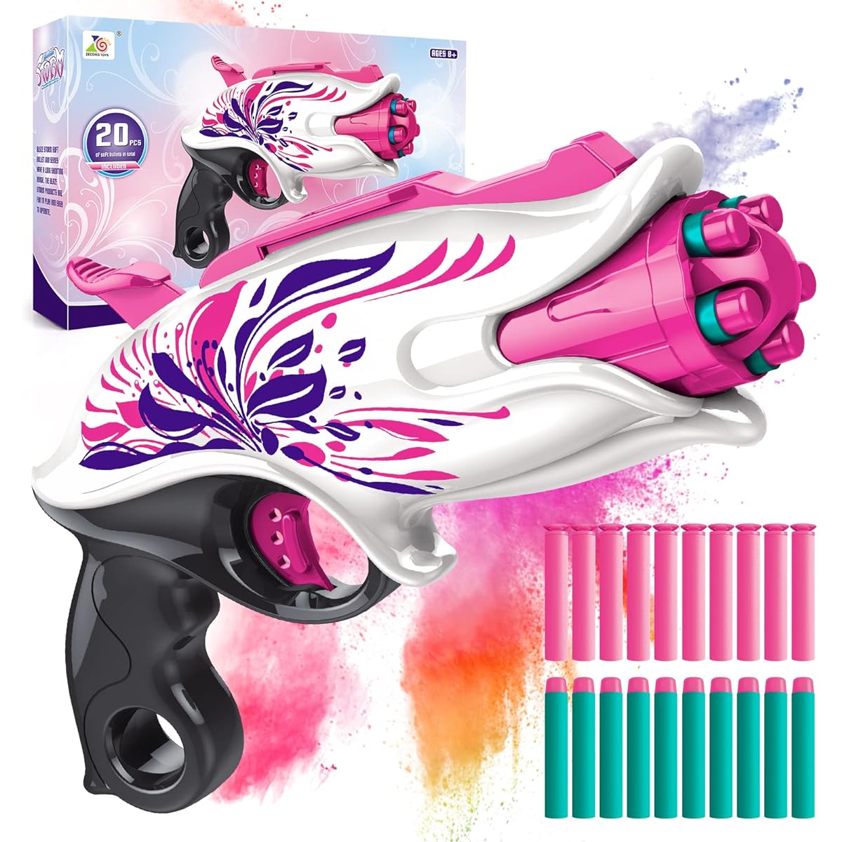 Soft Bullet Toy Gun Pink Dart Blaster 5 Dart Rotating Drum 20 Darts Kids Outdoor Toy Christmas Birthday Gift Ages 6+