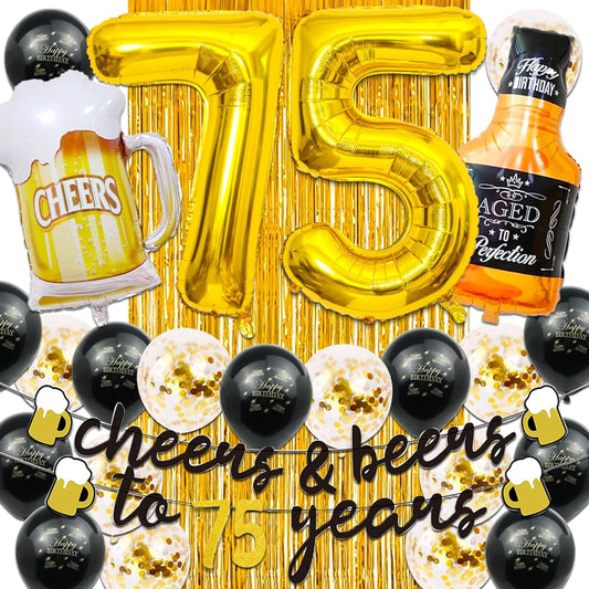 75th Birthday Decorations for Men, 75th Birthday Decorations, 40 Inch Gold 75 Number Balloons, Cheers to 75 Banner, Fringe Curtain, Cups, Foil Balloons