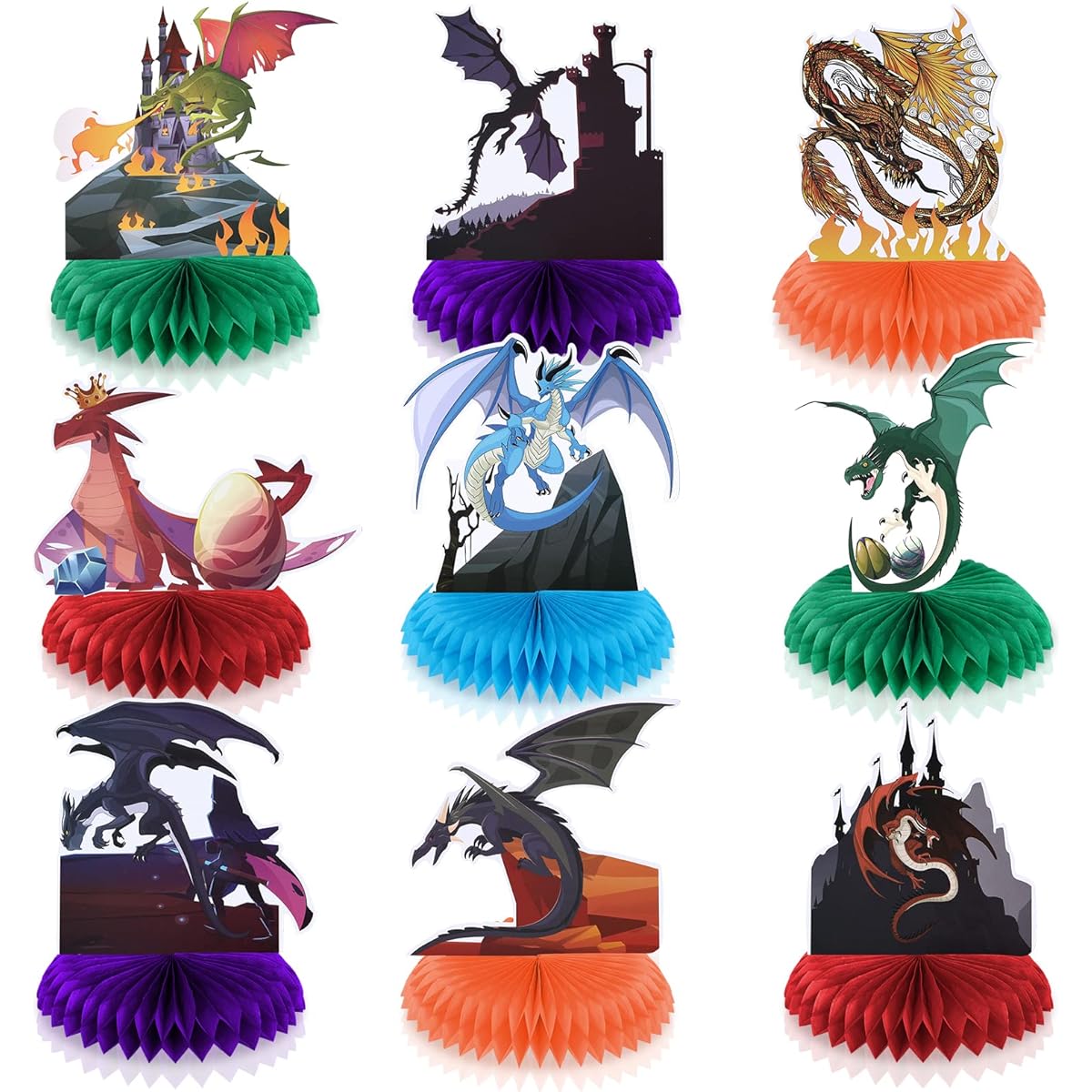 Dragon Theme Happy Birthday Decorations Table Honeycomb Centerpieces Dragon 3D Happy Birthday Table Topper Sign Party Supplies for Boys Girls Kids Birthday Castle Dinosaur Table Decor Party Favors 9pcs