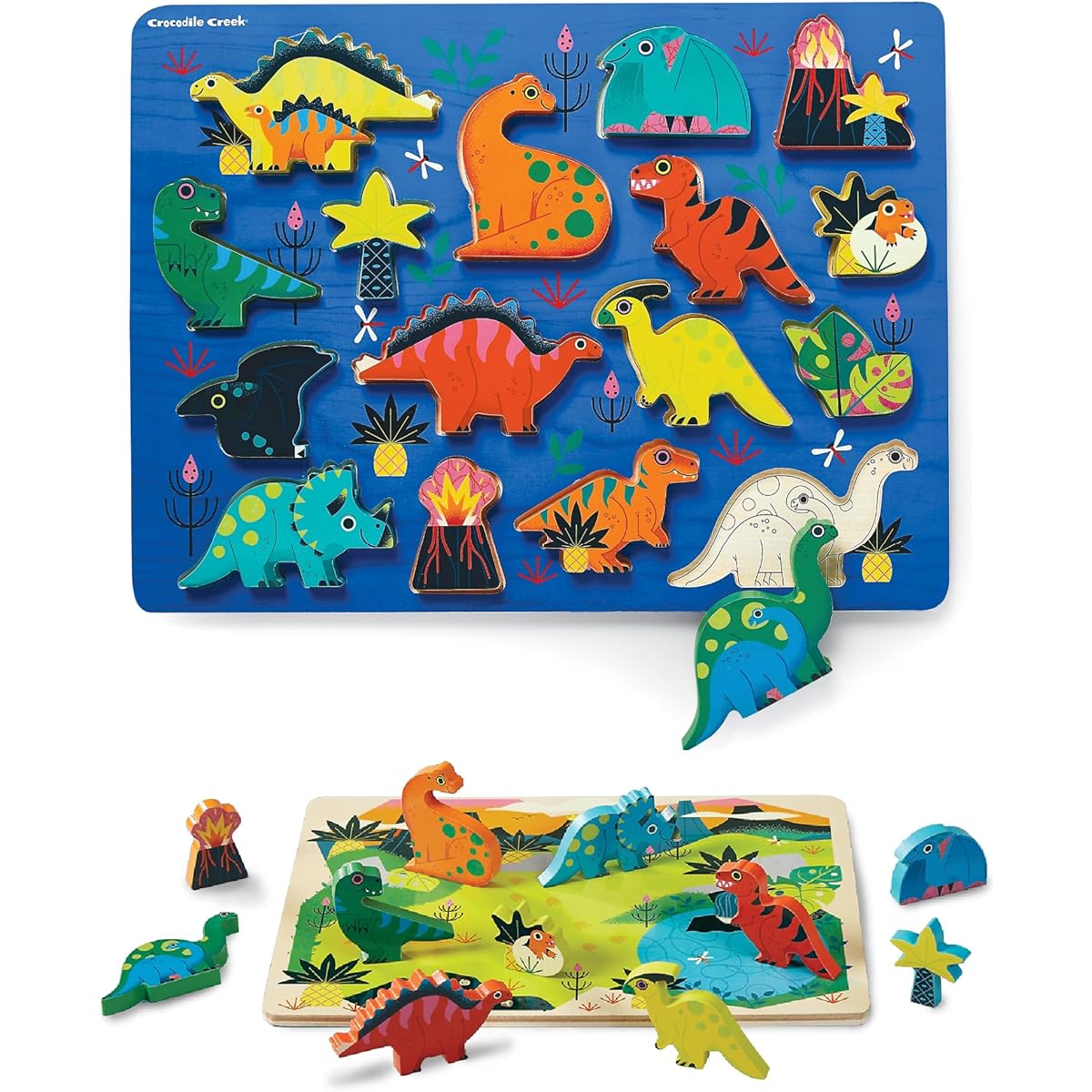 Crocodile Creek - Dinosaur 16-Piece Wooden Puzzle and Playset, Chunky Wooden Pieces Stand Up with Play Scene on the Back, For Ages 2 and Up, 1 EA