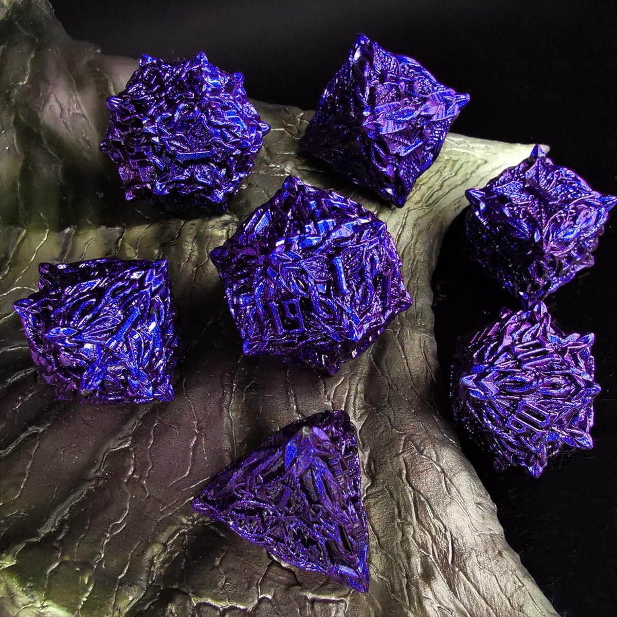 HAOMEJA Metal Dice Vine Leaf Set DND Dice 7 Role Playing Dice Polyhedral D&D Solid Dungeons and Dragons Dice (Blue Purple)