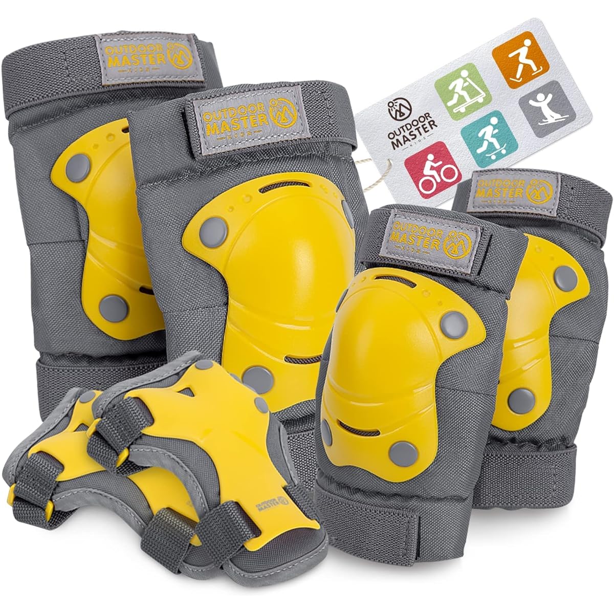 OutdoorMaster Kids/Youth Protective Gear - Knee Pads, Elbow Pads, Wrist Guards 6-in-1 Set for Bikes, Roller Skates, Skateboards, Inline Skates, Hoverboards, Pennyboards - Little Bee - Medium