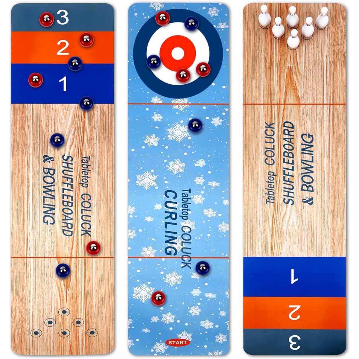 3 in 1 Tabletop Shuffleboard Curling Game Bowling Set Portable Tabletop Set with 8 Rolling Mini Packs Mini Tabletop Games Foldable Family Games Home School Travel