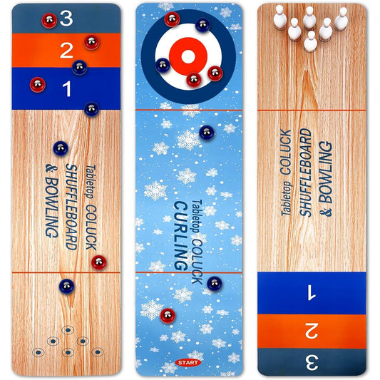 3 in 1 Tabletop Shuffleboard Curling Game Bowling Set Portable Tabletop Set with 8 Rolling Mini Packs Mini Tabletop Games Foldable Family Games Home School Travel