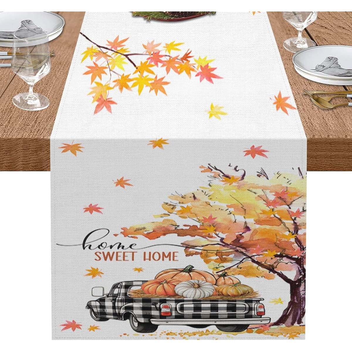 Sweet Home Pumpkin Truck Table Runner Fall Maple Thanksgiving Orange Table Runner Kitchen Coffee Table Decor for Family Dinner Holiday Party Wedding Event (13x72inch)