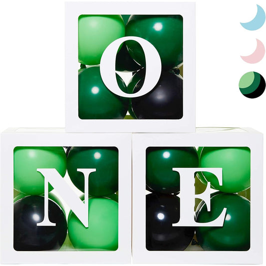 1st Birthday Balloons "ONE" Box for 1 Year Old with 24 Balloons - Baby First Birthday Decorations Clear Cubes "ONE" Letter Blocks Safari/Jungle Wild One Green Theme