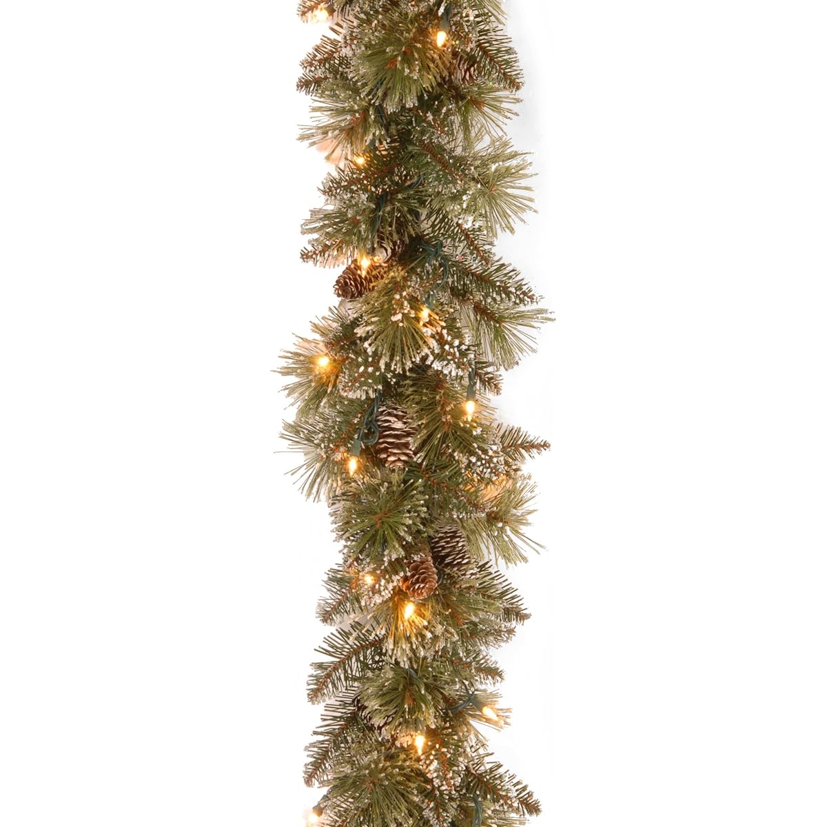 National Tree 9' x 12" Glitter Bristle Pine Garland with White Chip Cone and 50 Clear Lights (GB3-300-9A-1)