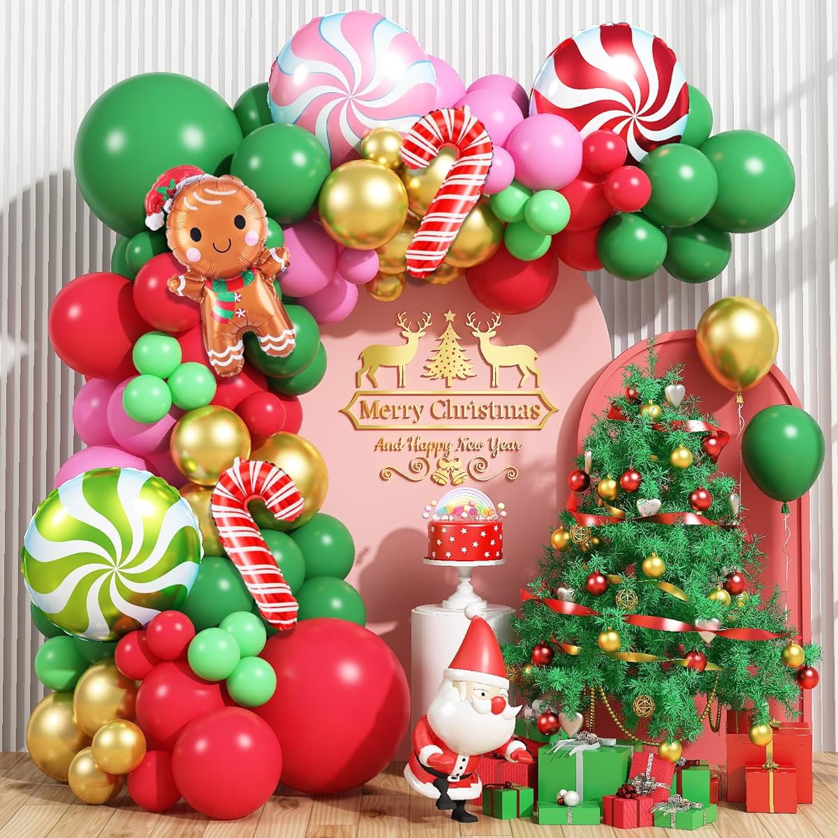 GREMAG Christmas Balloon Arch, 108pcs Red Green Pink Gold Balloons Garland Kit with Mini Gingerbread Man Windmill Candy Cane Foil Balloons Christmas New Year DIY Party Supplies