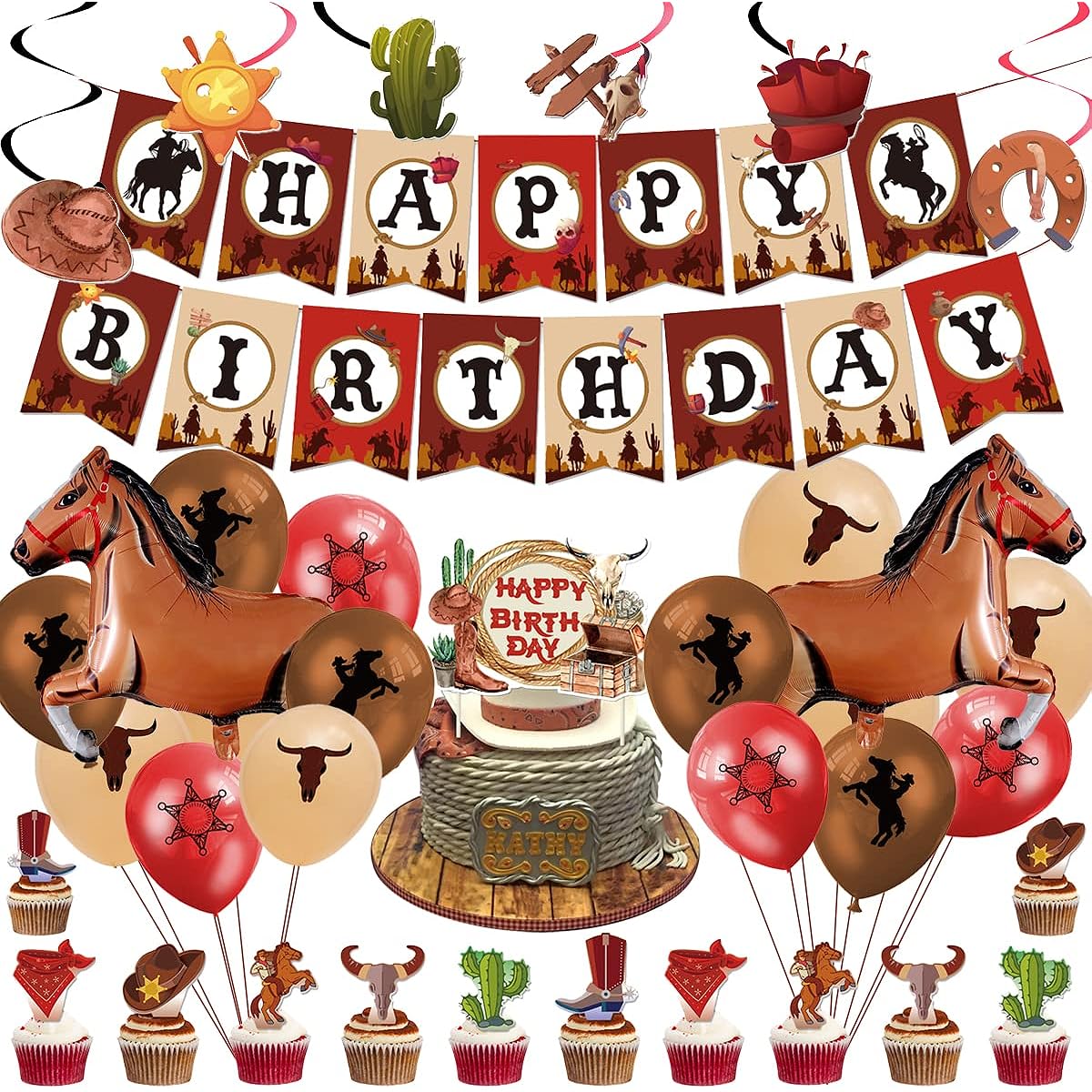 Cowboy Birthday Party Decorations Horse Shape Foil Balloons Happy Birthday Banner Cake Topper Hanging Swirls 12" Latex Balloons Baby Shower Western Party Supplies