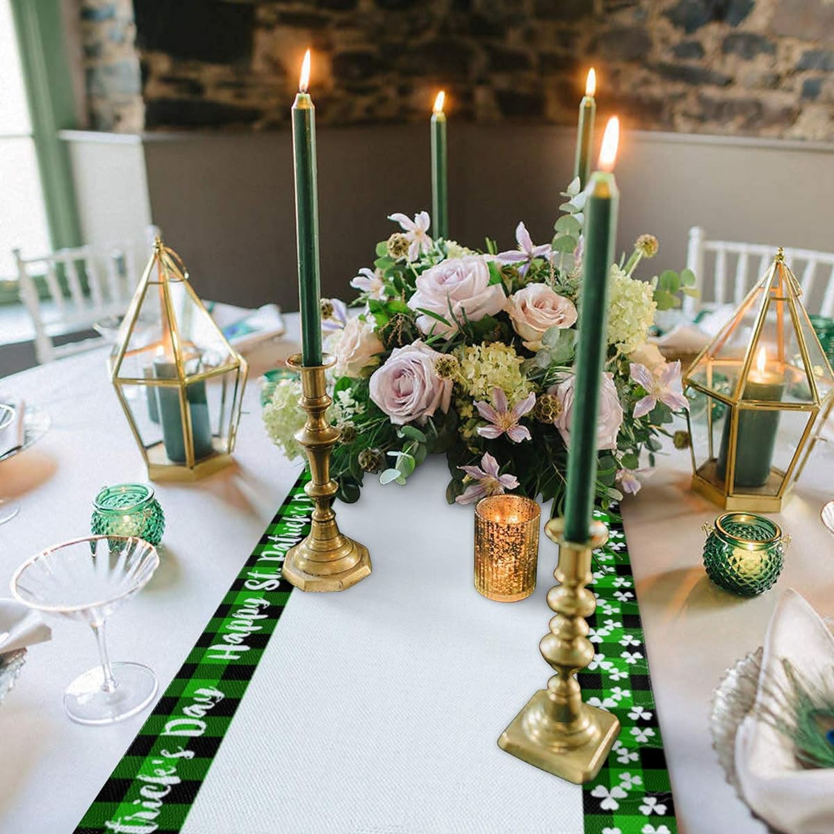 Saint Truck Gold Burlap Table Runner with Clovers 70 Inch, Happy St. Patrick's Day Bed Runner, Dresser Scarf, Tabletop for Indoor Outdoor Parties and Ceremonies, 13" x 70"