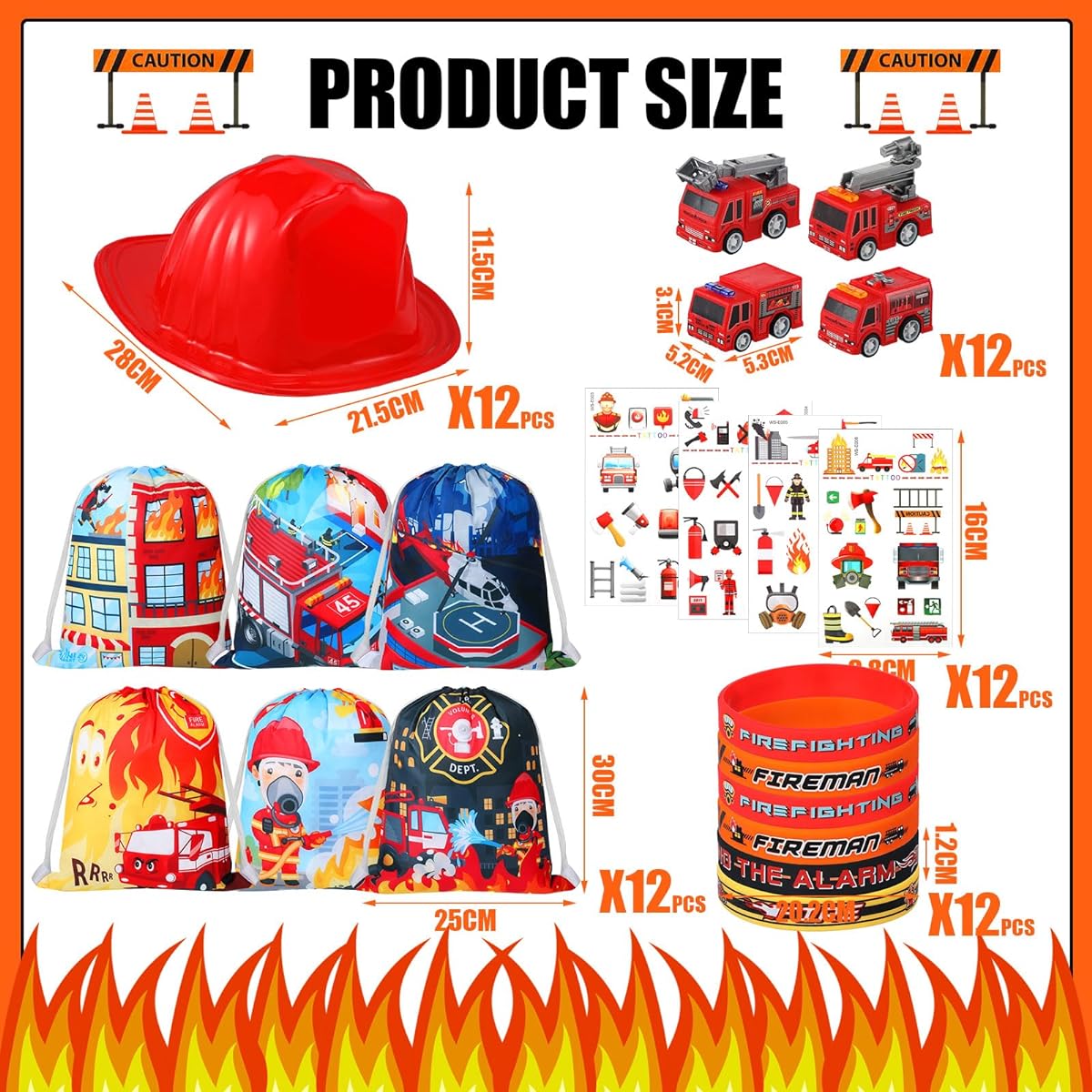 60pcs Firefighter Party Favors Fire Truck Birthday Party Supplies Decorations Fire Engine Toys for Kids Boys Helmet Tattoos Wristbands Drawstring Bags Silicone Bracelets for Firefighter Party Gifts