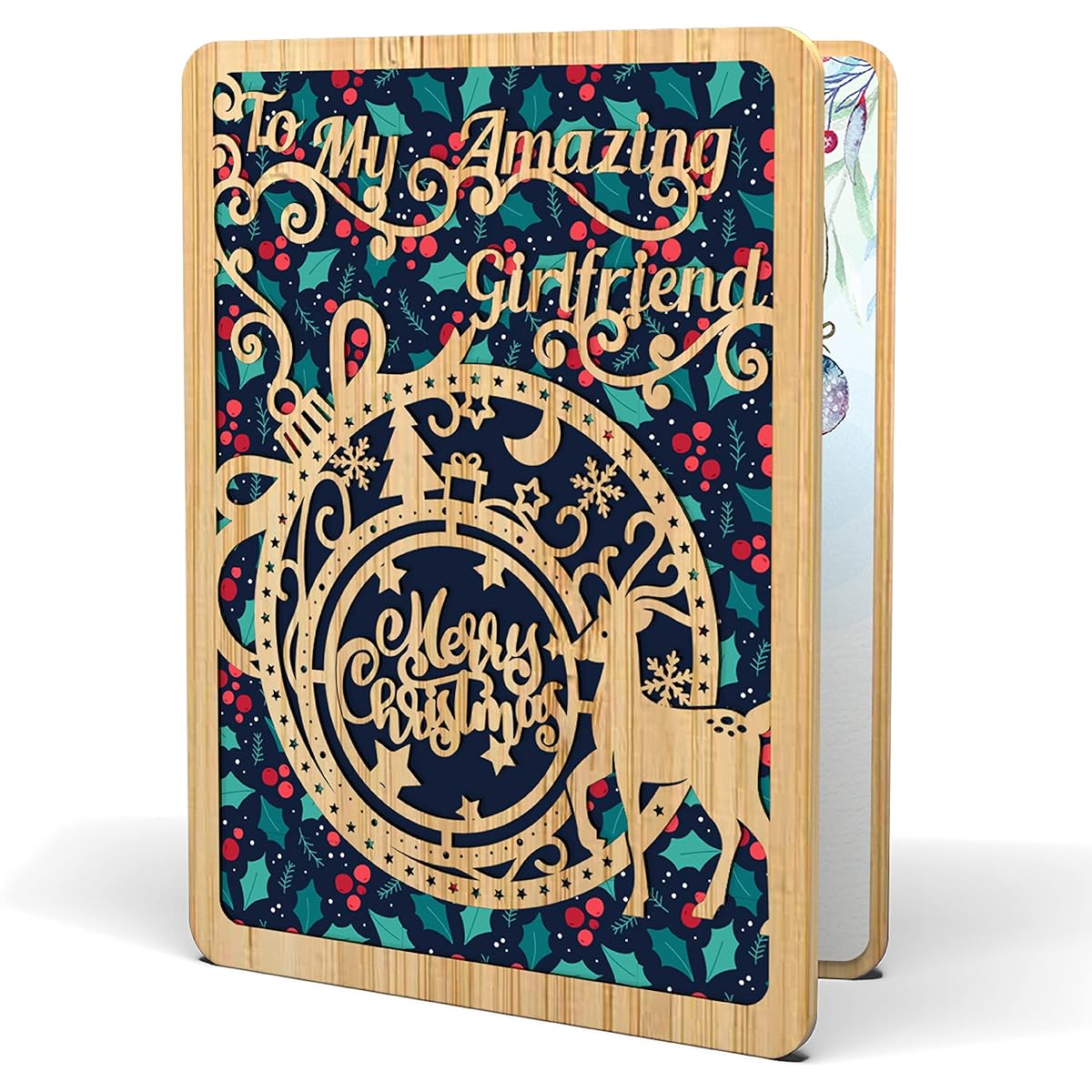 Merry Christmas Cards for Girlfriends - | Made of Real Bamboo | 6" x 4.5" - 1 Pack (Includes Envelopes) | Laser Cut Ornament Themed Girlfriend Christmas Cards from Boyfriend or Significant One