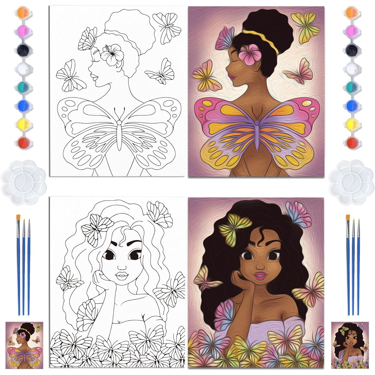 ORIGACH Original Canvas Painting Kit Afro Butterfly Girl Pre-Painted Stretched Canvas Kit for Kids DIY Paint Party Favors 2 Pack