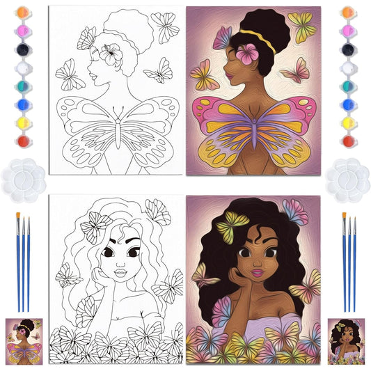 ORIGACH Original Canvas Painting Kit Afro Butterfly Girl Pre-Painted Stretched Canvas Kit for Kids DIY Paint Party Favors 2 Pack