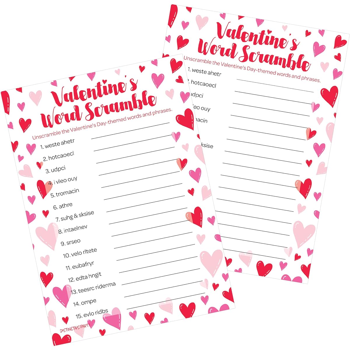 Valentine's Day Word Scramble Classroom Party Game - 25 Player Cards