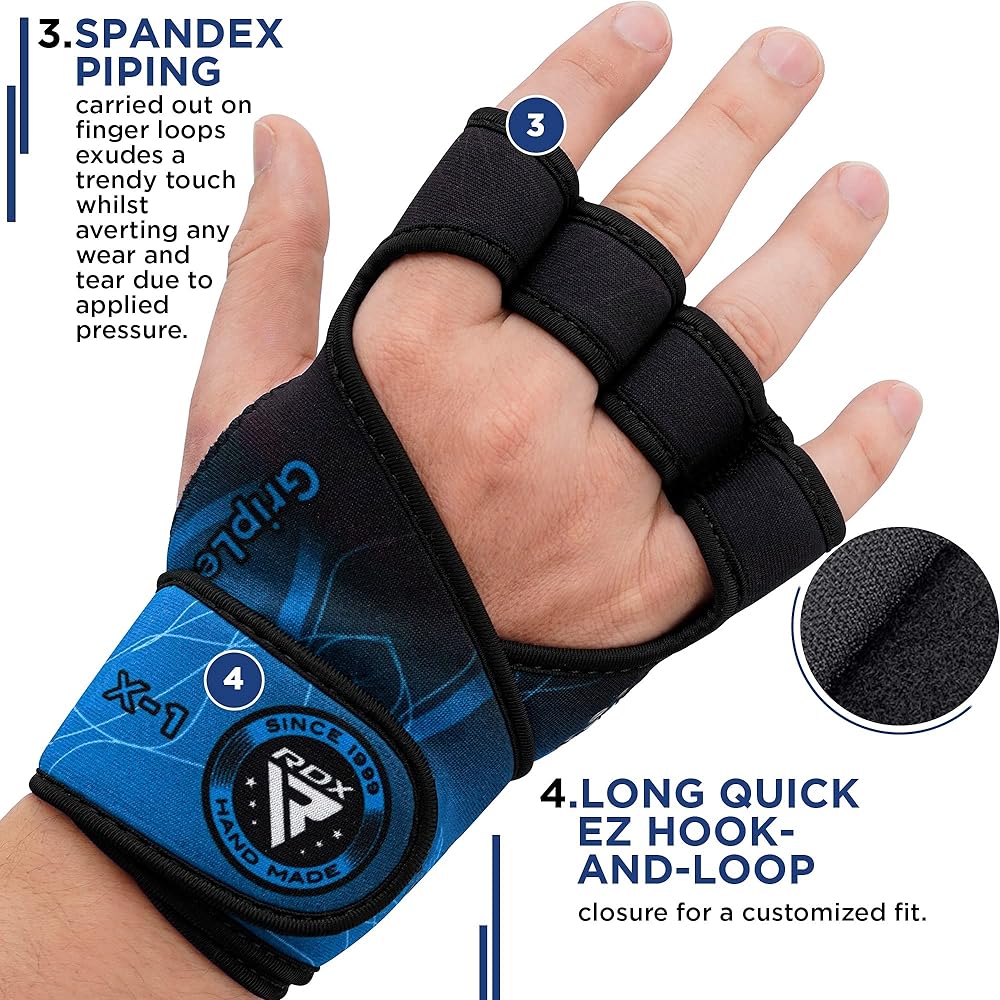 RDX Weightlifting Gloves Fitness Gym Workout Ventilation Open Back Anti-Slip Gripper Strength Training Deadlift HIIT Exercise Women Men Cycling Climbing Gym Rowing (Blue, L/XL)