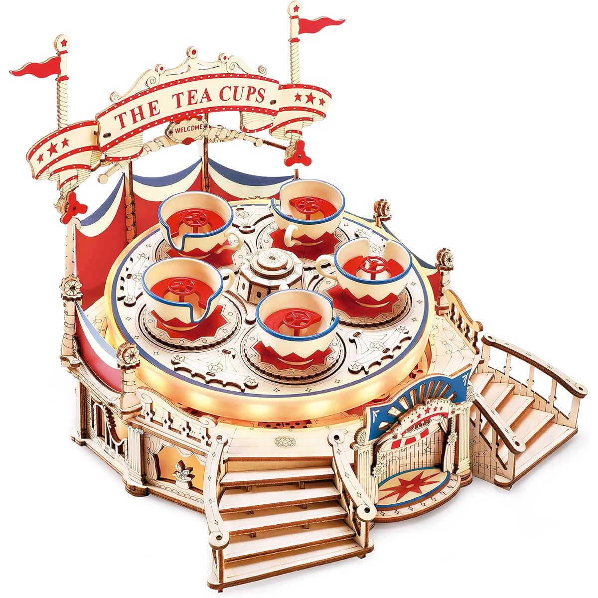 Wowood Model Kit 3D Puzzle for Adults Spinning Rotating Tea Cup Mechanical Music Box with LED Lights DIY Crafts/Hobbies/Gifts for Adults/Teens/Boys/Girls (Spinning Tea Cup)