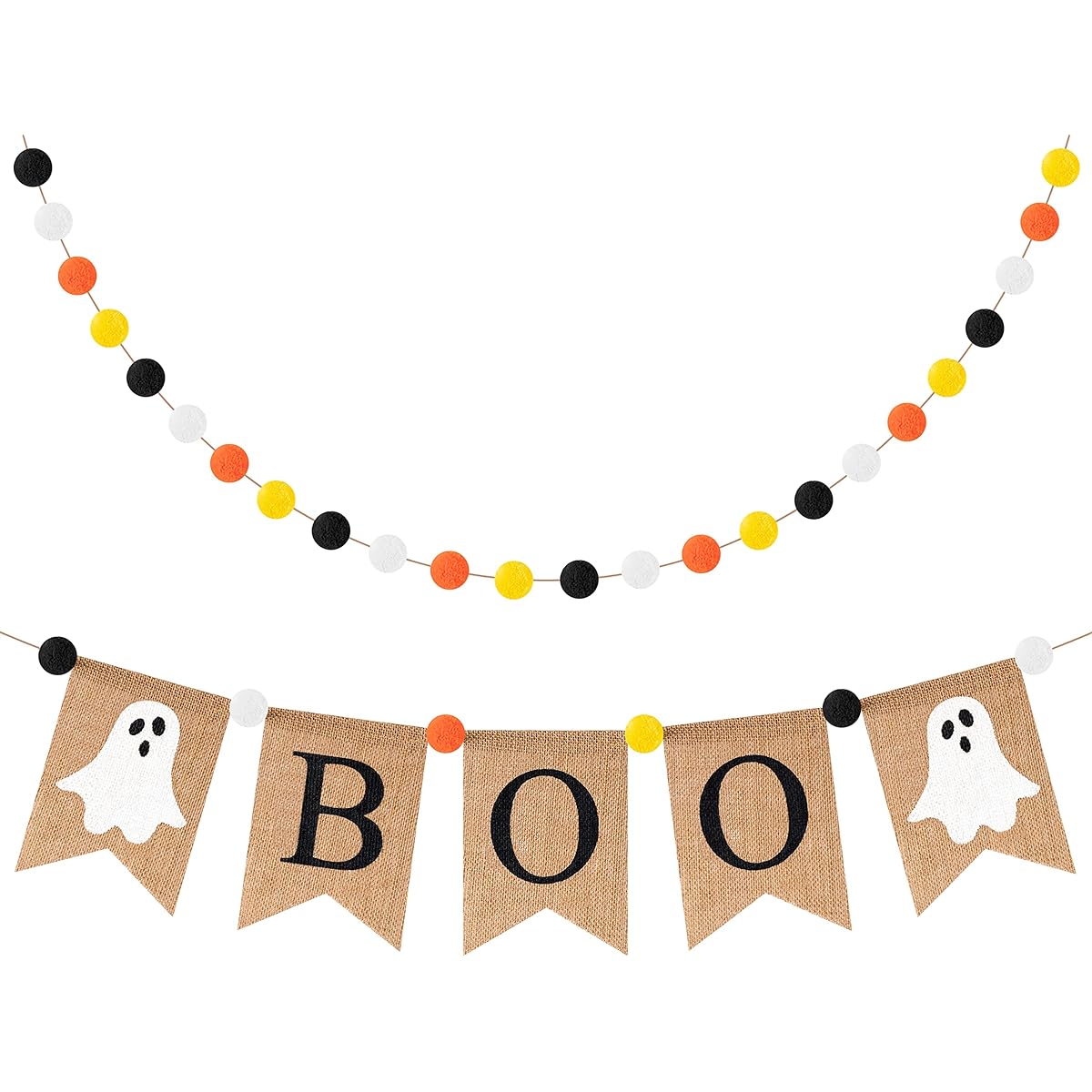 WATINC 2pcs Halloween Scary Boo Burlap Banner Ghost Pom Pom Garland Set Happy Halloween Felt Ball Banner Hanging Decor Thanksgiving Carnival Holiday Party Hanging Decoration for Home Wall