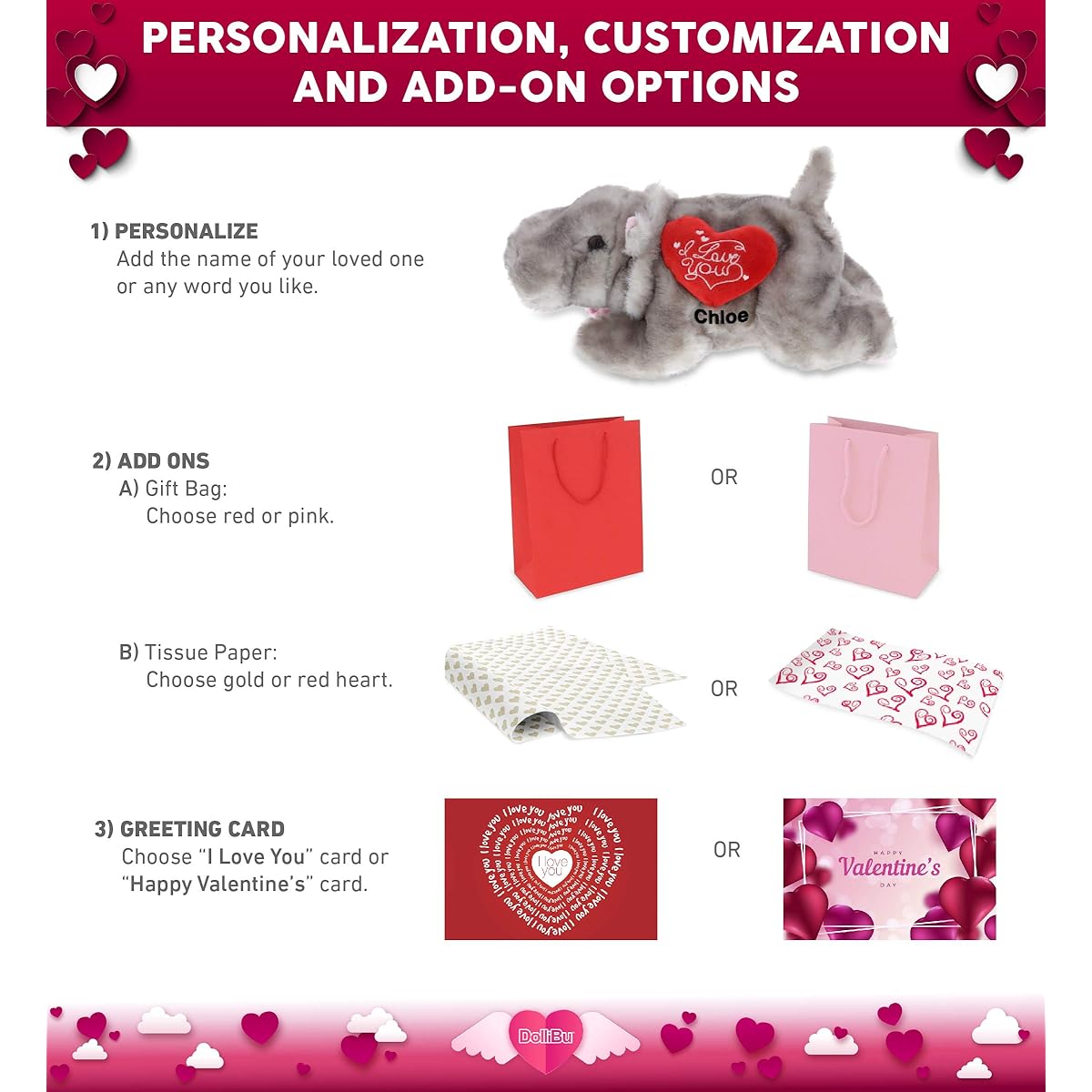 DolliBu I Love You Wild Collection Plush Hippo - Customized with Red Heart and Name for Valentine's Day 11"