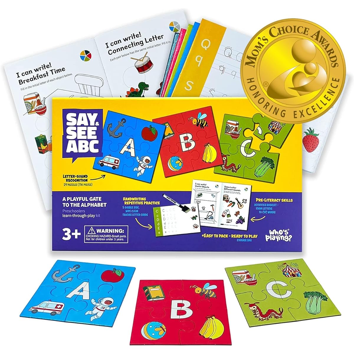 Who's Playing? Say & See ABC Preschool Learning Activity Kit (Mom's Choice Award Winner) Alphabet Puzzle, Trace Letters, Workbook, Phonics Games for Ages 3-5, Preschoolers, Homeschoolers