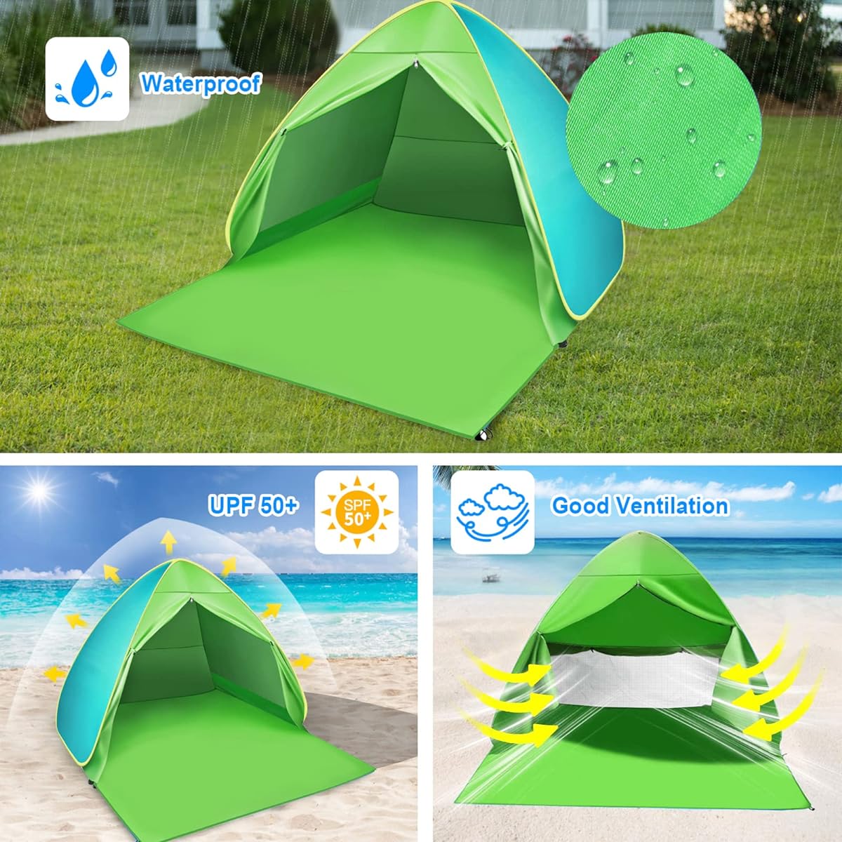 FINCOME Pop Up Beach Tent Portable Beach Shade Sun Shelter UPF 50+ for 2~3 Persons Lightweight and Easy Setup Cabana Beach Tent for Camping/Outdoor, MHDJ02