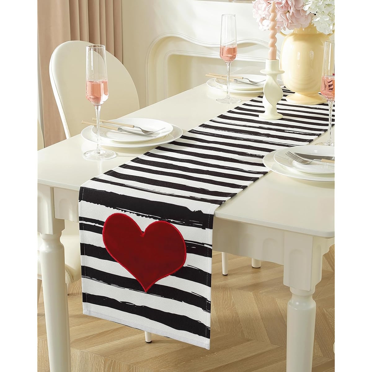 Valentine's Day Decor Table Runner 72" Length with Red Love Heart Embroidery for Birthday, Wedding Anniversary, Proposal, Engagement, Romantic Event