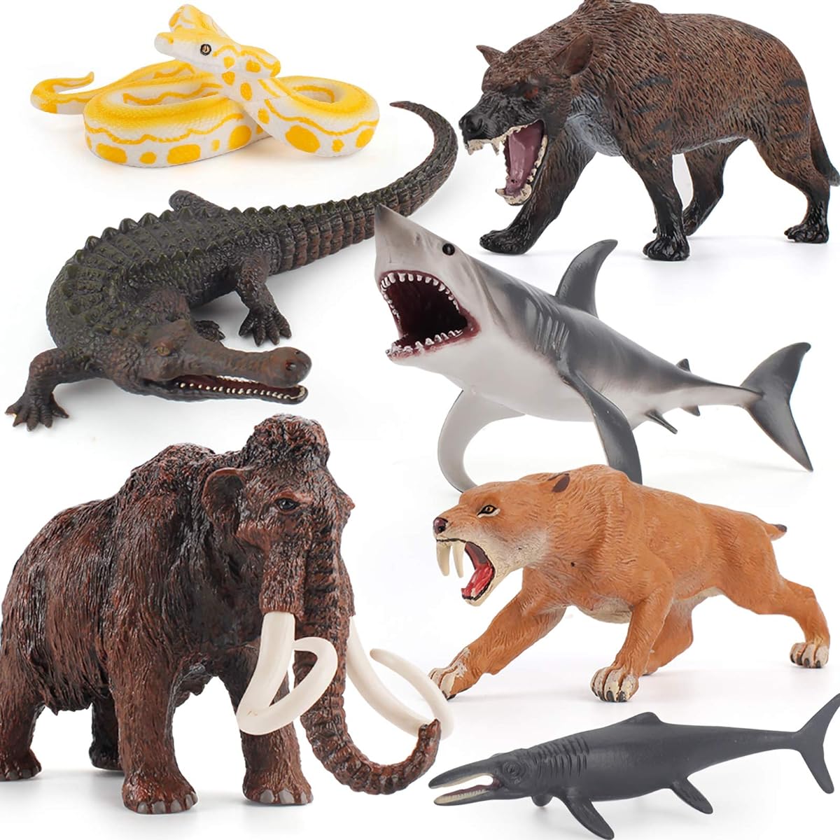7 Pieces Ancient Creatures Animal Model Figures Mammoth Saber Tooth Tiger Shark Crocodile Snake Party Favors Cake Topper Decorations Toys for 5 6 7 8 Years Old Boys Girls Kids Toddlers