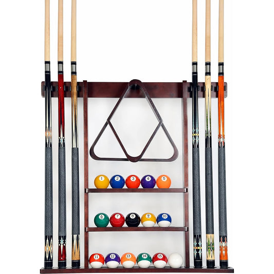 Wooden Wall Mounted Billiard Stick Rack for 6 Cues - Mahogany, Black, Oak