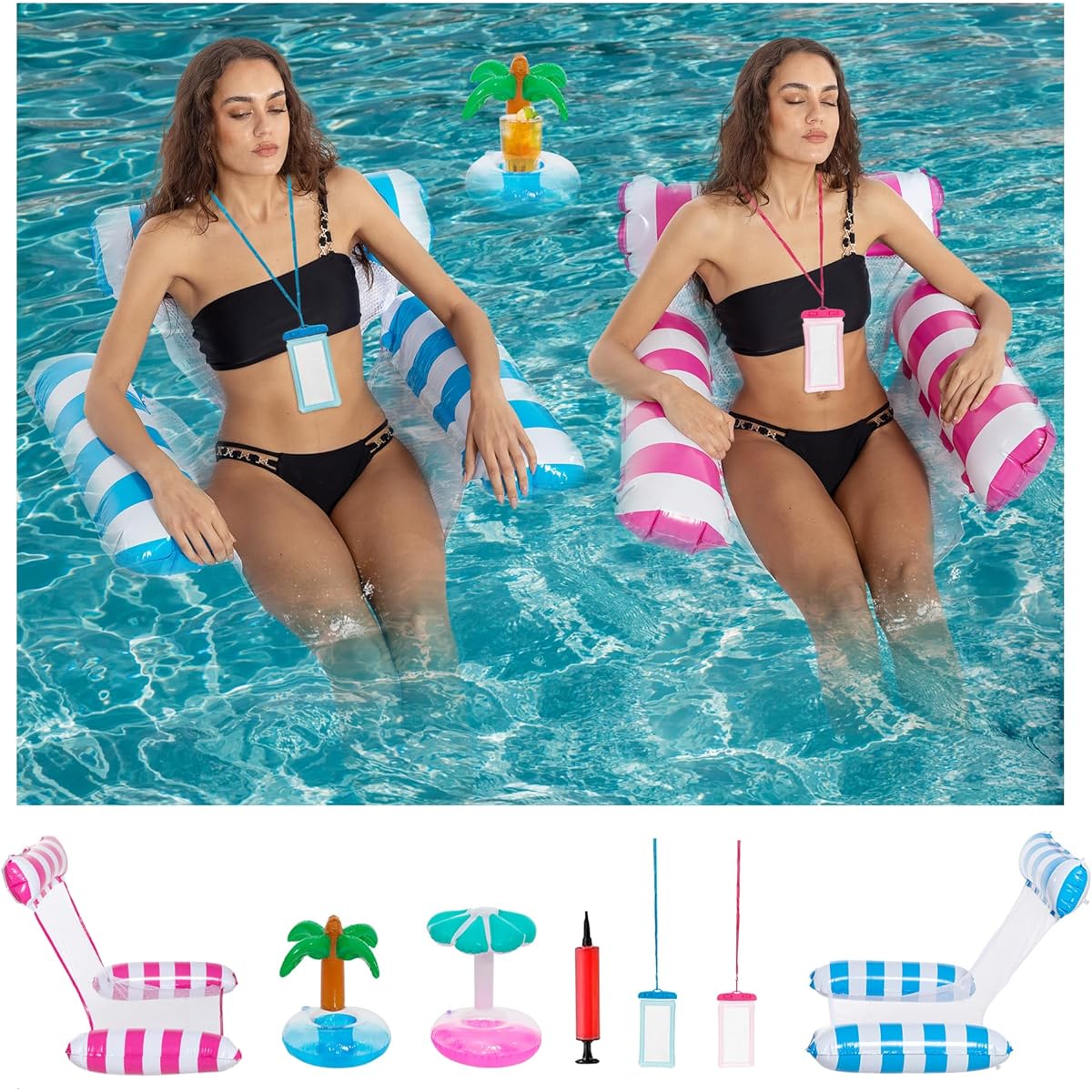 Pool Hammock Floats for Adults Inflatable Pool Chair Floats Water Hammock with Drinking Float 2 Pack