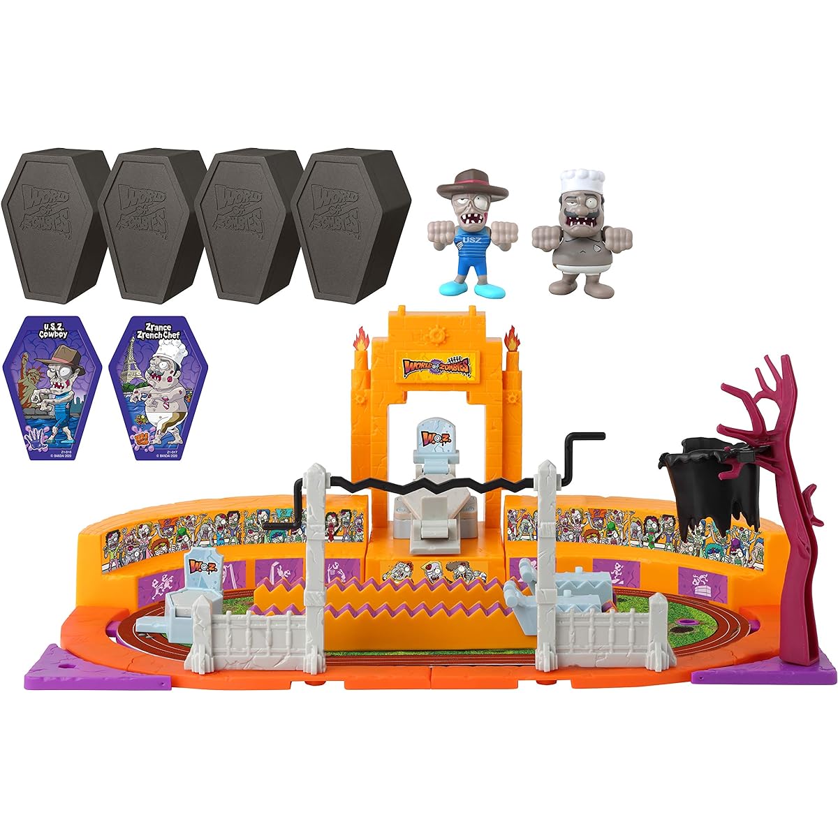 Bandai Namco - World of Zombies Deluxe Sports Stadium Playset with 2 limited figures (U.S.Z. Cowboy and Zrench Chef) and 2 bio cards
