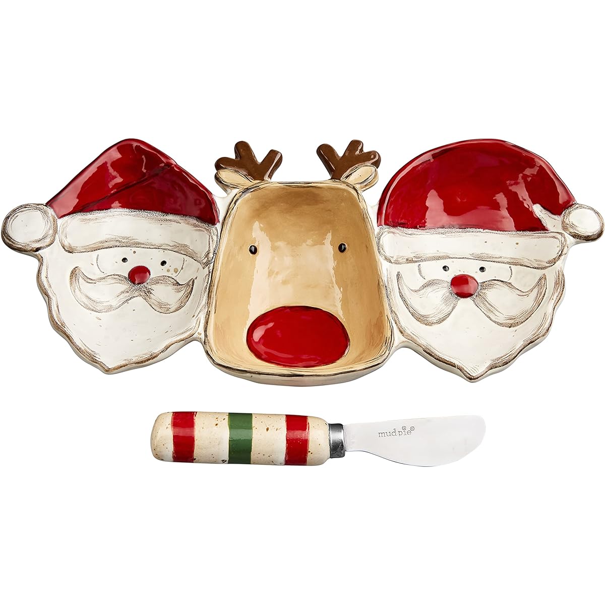 Mud Pie, Multi, Christmas Santa and Reindeer Triple Dip Serving Set, 5" x 11", dish spreader 5 1/2"