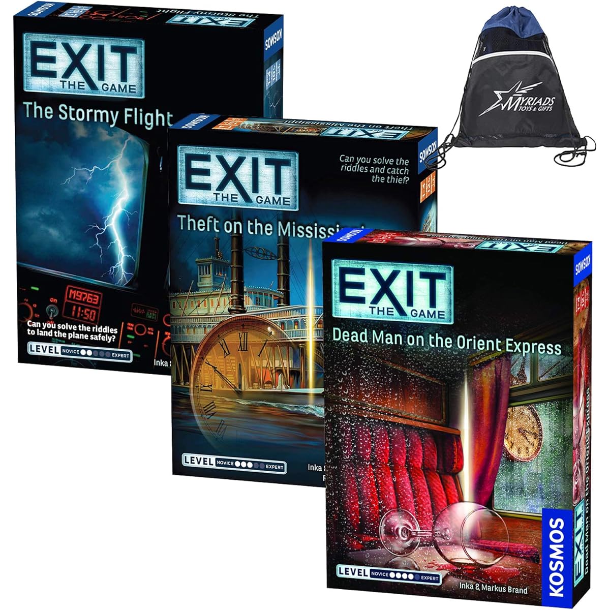 EXIT: The Game World Mystery Set - The Stormy Flight, Thft on The Mississippi, Orient Express, with drawstring bag.