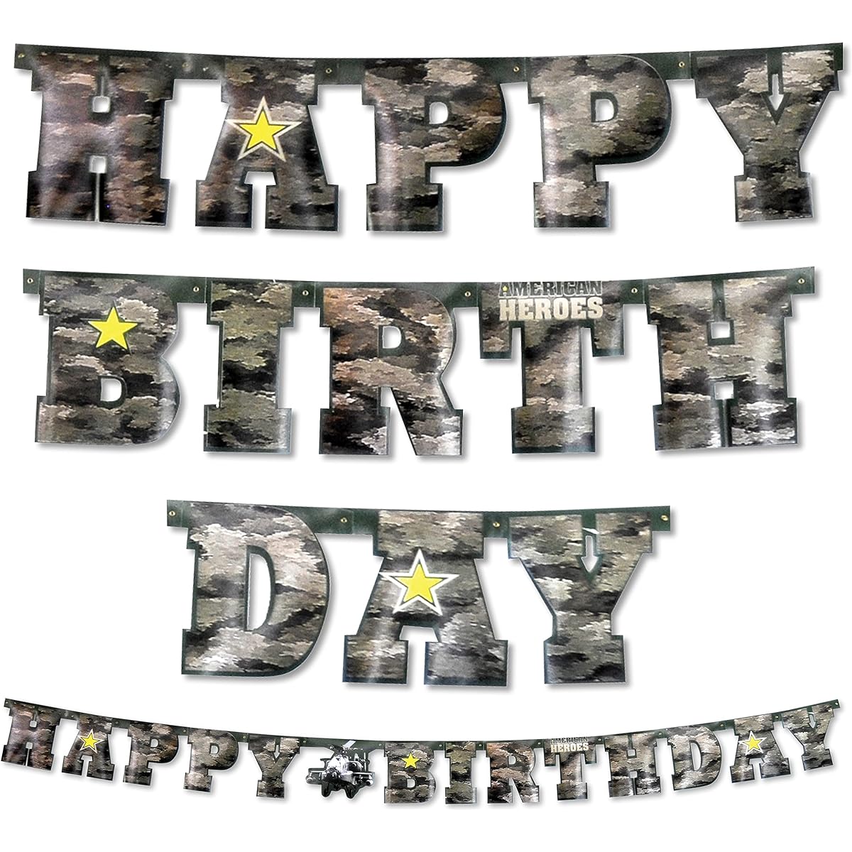Military Army Camo Happy Birthday Banner (Large, 7" Cardboard Cutout, Letters, Apache Helicopter Center) US Army Army American Heroes Collection by Havercamp