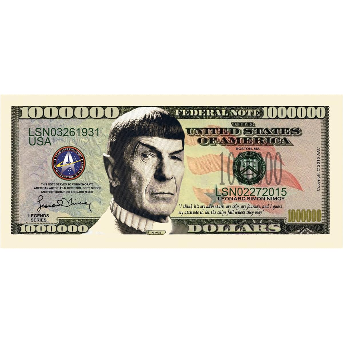 American Art Classics Leonard Nimoy Star Trek Spock Collectible Million Dollar Bill - Pack of 50 - Best Novelty Memorabilia for Star Trek and Starship Enterprise Fans - Super
