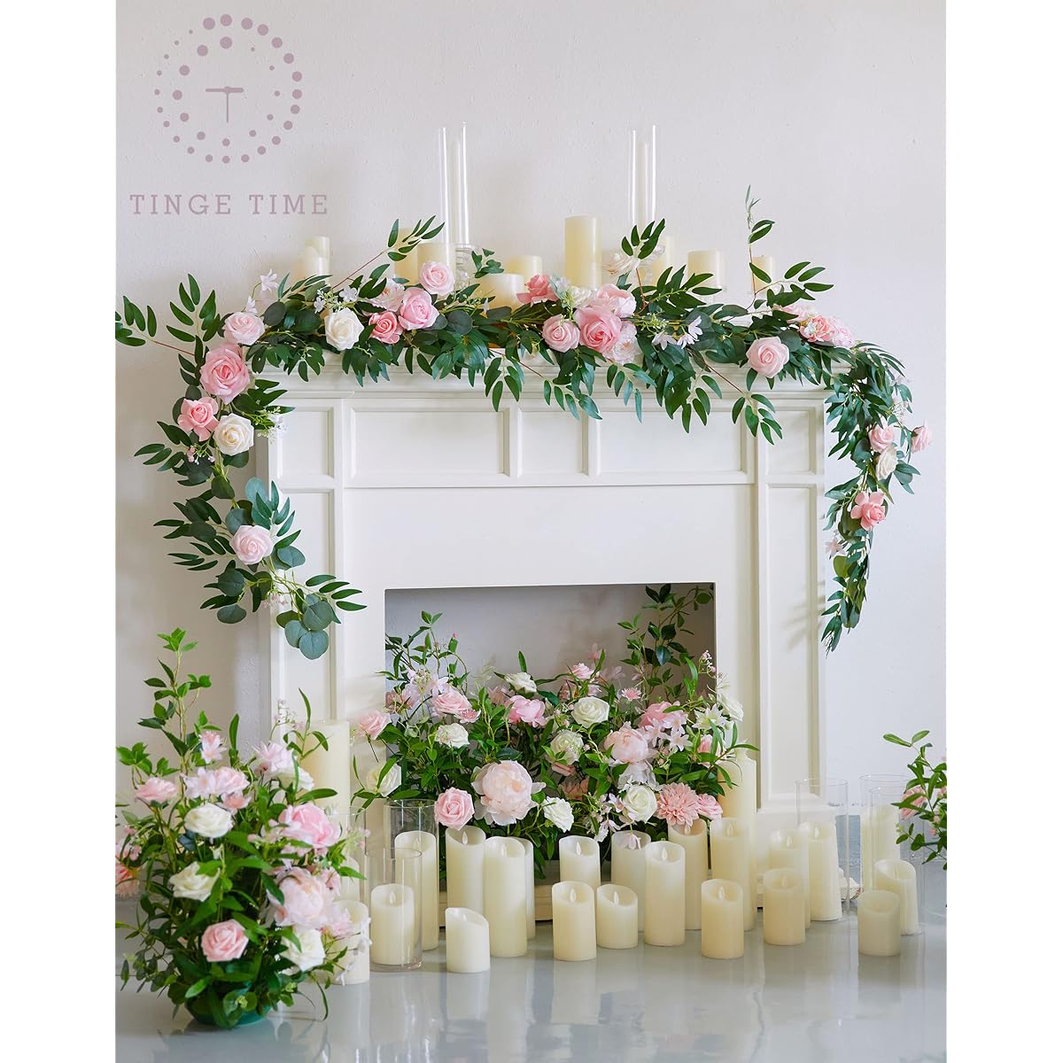 TINGE TIME 9ft Artificial Eucalyptus Garland with Flowers Faux Rosevine Wedding Sweetheart Table Centerpiece Head Table Decor Arch Backdrop Ceremony Reception Decorations (Peach Pink)