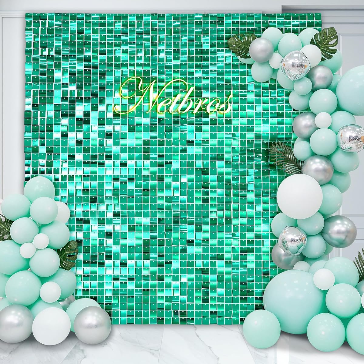 Netbros Green Sequin Background - 24 Pieces Wall Decor Glittering Wall Backdrop - Party Decoration Photography Backdrop Square Sequin Wall Panel for Bachelorette Party Display Show Wedding Decoration