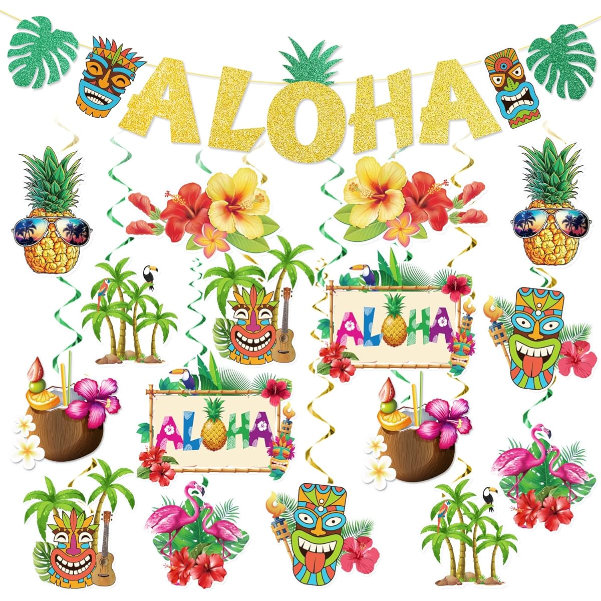Luau Party Decorations Hawaiian Theme Party Decorations Aloha Banner and Aloha Luau Hanging Swirl Party Decorations Tropical Theme Tiki Party Decorations Beach Theme Party Decorations