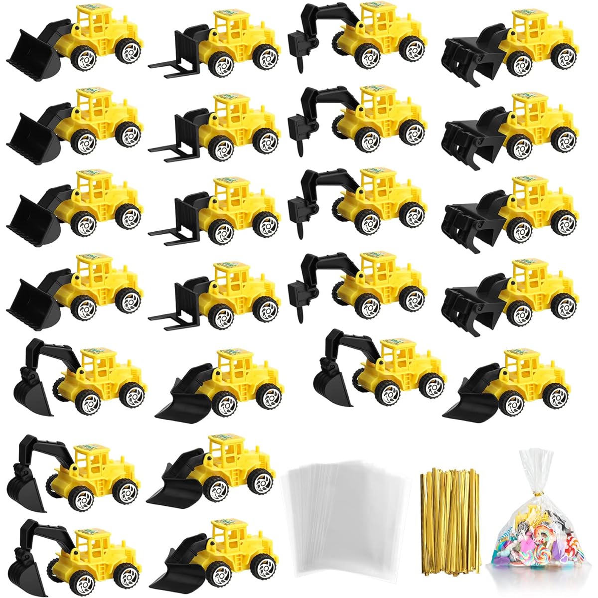Mini Construction Engineering Truck Set 24 Pieces Small Construction Toys and Treat Bags with Twist Ties for Cake Birthday Party Favors Construction Birthday Party Supplies