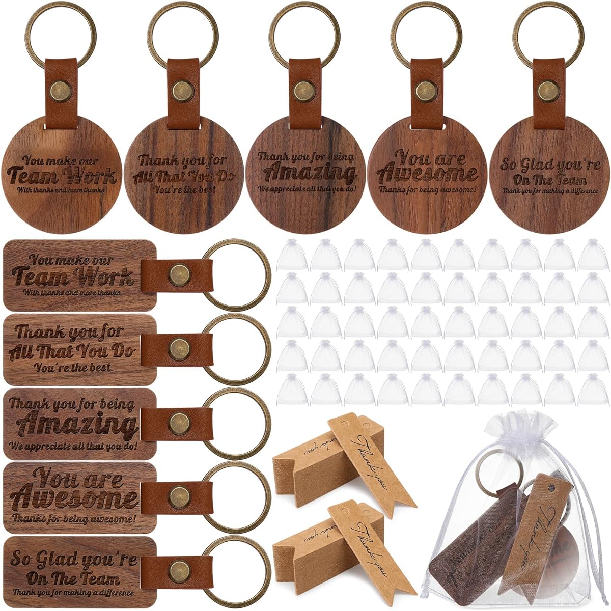 Huquary 150pcs Christmas Employee Gifts Appreciation Keychains Bulk - 50 Leather Wood Keychains, 50 Organza Bags, 50 Thank You Cards, Appreciation Gifts for Coworkers (Trendy)