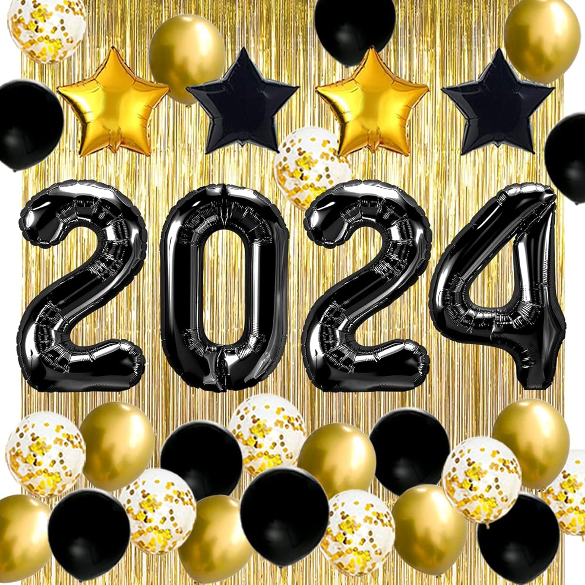 New Years Eve Party Supplies 2024 Black 2024 Balloons Gold and Black Balloons Set Gold Foil Curtain Gold and Black Stars Mylar Balloons New Years Eve Party Decorations Kit