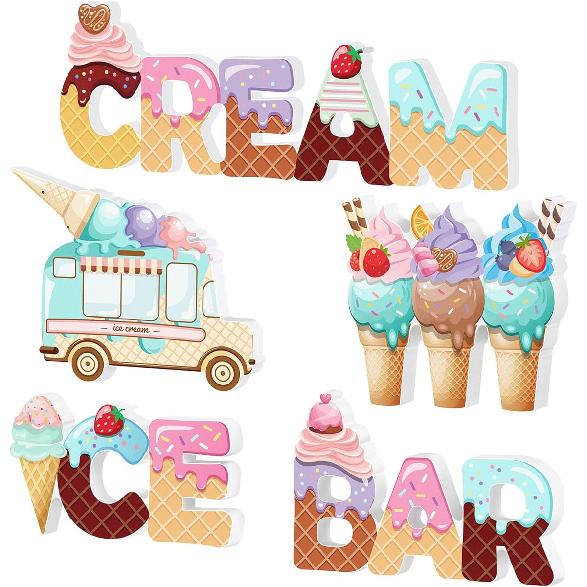 Kigley 5pcs Wooden Ice Cream Table Signs Wooden Ice Cream Party Centerpieces Letter Truck Ice Cream Party Decorations Bar Decor Summer Theme Baby Bridal Shower Wedding Graduation Birthday Supplies