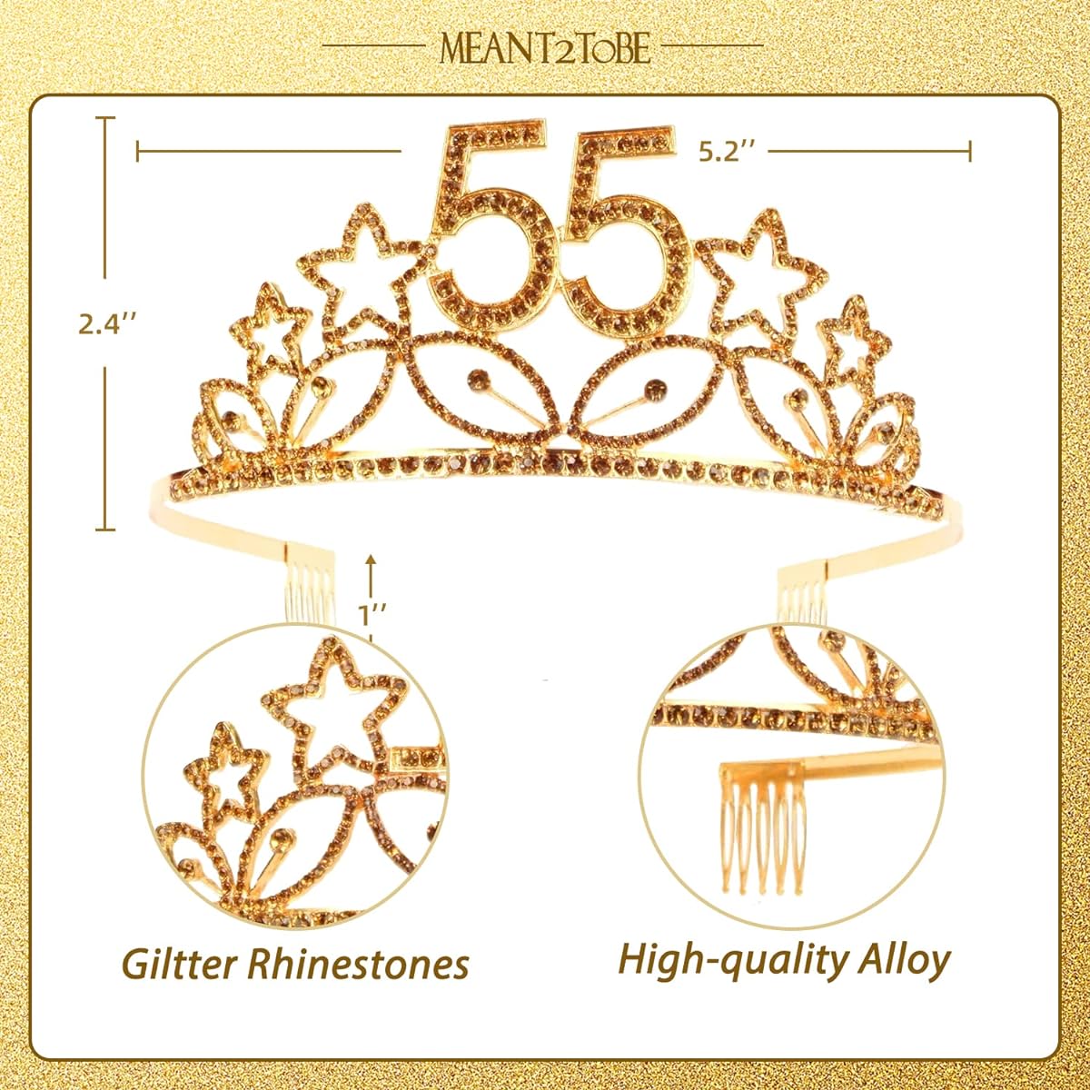 MEANT2TOBE 55th Birthday Sash and Tiara for Women - Fabulous Glitter Sash + Star Rhinestone Gold Premium Metal Tiara for Her 55th Birthday Gifts, 55th Party
