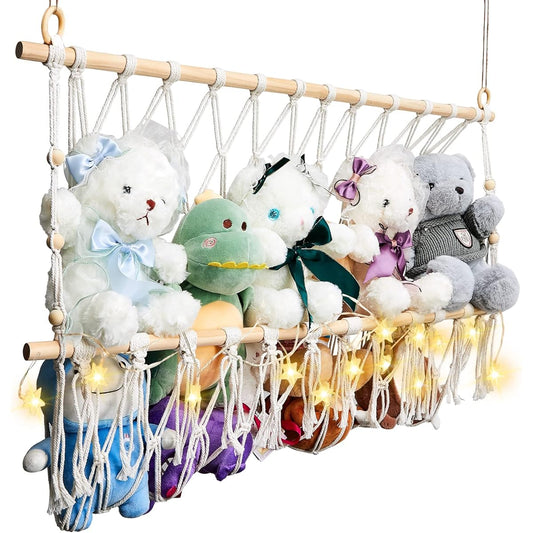 Stuffed Animal Storage Stuffed Animal Hammock Macrame Toy Hammock with LED Light (No Battery) Neatly Store Stuffed Animals for Animals, Children's Room, Bedroom (White)