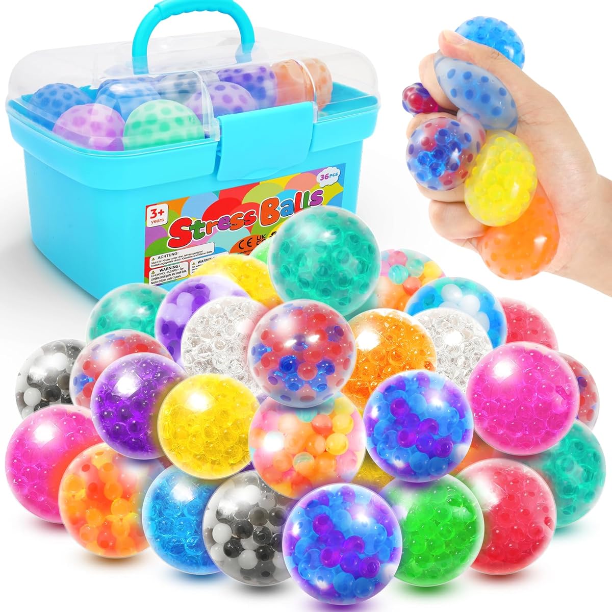 Tiny Fish Stress Balls Bulk for Kids Adults 36 Pack Mini Water Beads Squishy Balls Anxiety Relief Sensory Fidget Toys Autism ADD ADHD Funny Squeeze Ball Toys